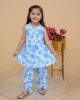 Sleevless pure cotton Printed umbrella cord set- Blue