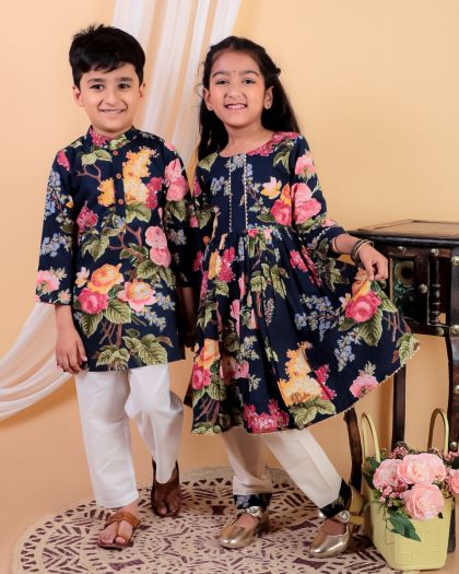 Premium Quality Floral Heavy Flared Anarkali Kurta pant with twinning Boys Kurta Pajama set(Pure cotton)