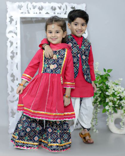 Sibling-Girl peplum kurta shara duppta and Boys Kurta waistcoat n dhoti set