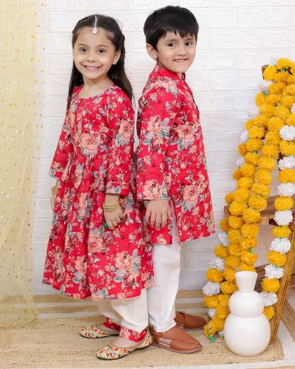 Premium Quality Floral Heavy Flared Anarkali Kurta pant with twinning Boys Kurta Pajama set-Redcombo