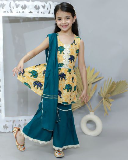 Girls Elephant Printed Kurta sharara with duppata