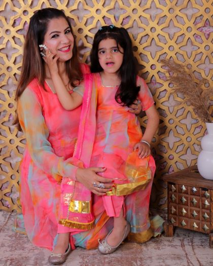 Mom-Daughter Rich and Royal Chiffon Kurta with rayon bottom and chiffon duppata