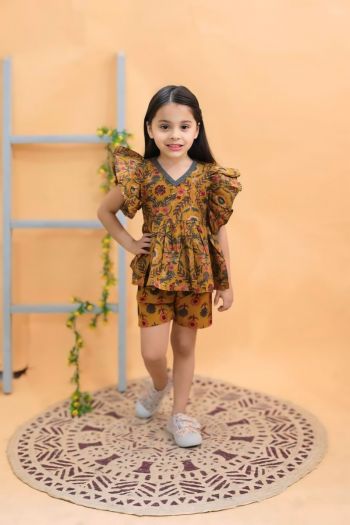 Pretty Floral Printed pure cotton mustard ruffle sleeve top and shorts set