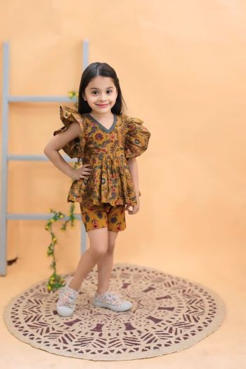 Pretty Floral Printed pure cotton mustard ruffle sleeve top and shorts set