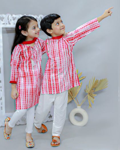 Tie-dye Girls Kurta legging duppata with matching boys kurta pajama set