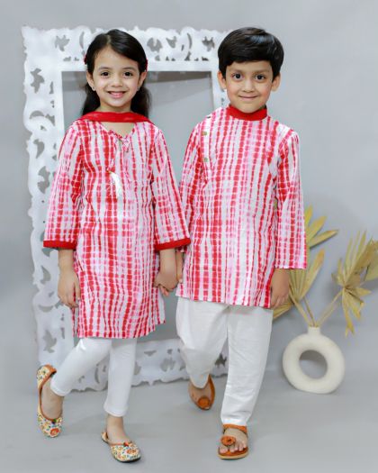 Tie-dye Girls Kurta legging duppata with matching boys kurta pajama set