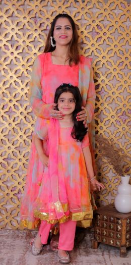 Mom-Daughter Rich and Royal Chiffon Kurta with rayon bottom and chiffon duppata