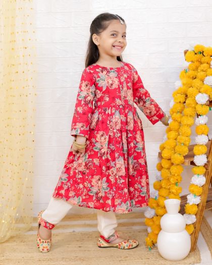 Premium Quality Floral Heavy Flared Anarkali Kurta pant with twinning Boys Kurta Pajama set-Redcombo