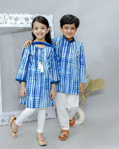 Tie-dye Girls Kurta legging duppata with matching boys kurta pajama set