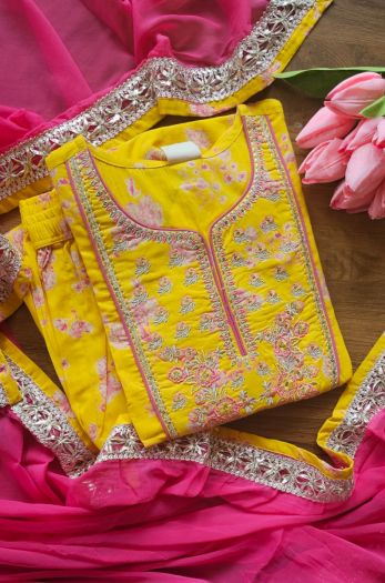 Premium Quality pure cotton Floral Printed Anarkali with heavy embroidery on yolk paired with bottom and duppata set