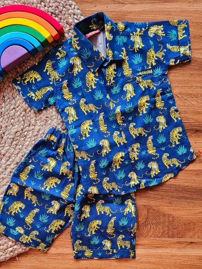 Pure cotton boys summer cord set-blue tiger