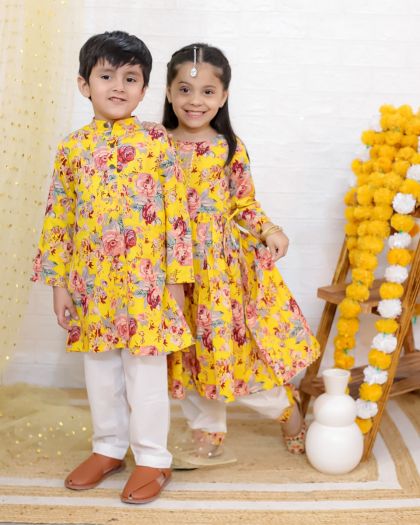 Premium Quality Floral Heavy Flared Anarkali Kurta pant with twinning Boys Kurta Pajama set-yellow