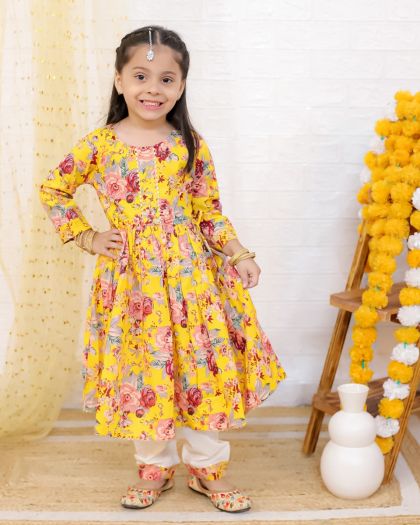 Premium Quality Floral Heavy Flared Anarkali Kurta pant with twinning Boys Kurta Pajama set-yellow