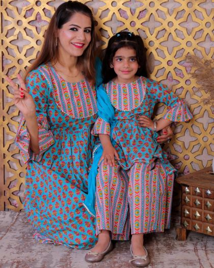 Mom-Daughter combo Cotton Printed Kurta sharara with  chiffon duppata