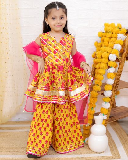 Pure cotton sleevless heavy gota detailing Printed Peplum kurta sharara duppata and matching boys kurta pajama- yellow