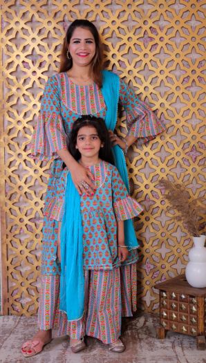 Mom-Daughter combo Cotton Printed Kurta sharara with  chiffon duppata