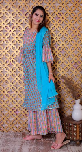 Cotton Printed Women Wear Kurta sharara with duppata