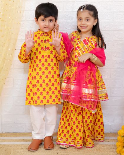 Pure cotton sleevless heavy gota detailing Printed Peplum kurta sharara duppata and matching boys kurta pajama- yellow