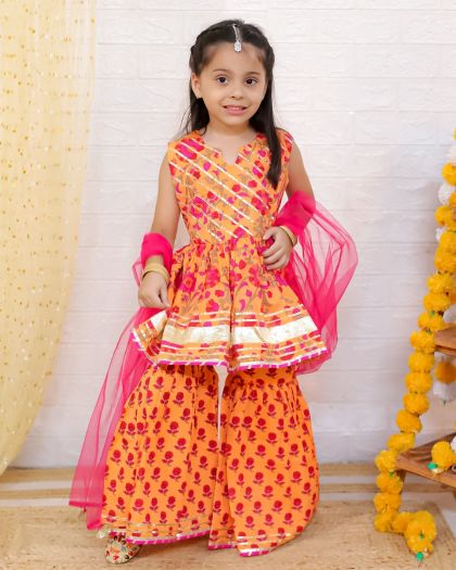 Pure cotton sleevless heavy gota detailing Printed Peplum kurta sharara duppata and matching boys kurta pajama- orange