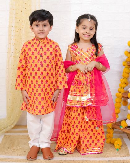 Pure cotton sleevless heavy gota detailing Printed Peplum kurta sharara duppata and matching boys kurta pajama- orange