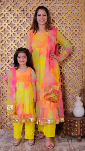 Mom-Daughter Rich and Royal Chiffon Kurta with rayon bottom and chiffon duppata