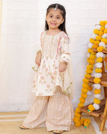 Royal Floral Printed Peplum Kurta sharara with chiffon duppata and matching Boys Kurta pajama- beige