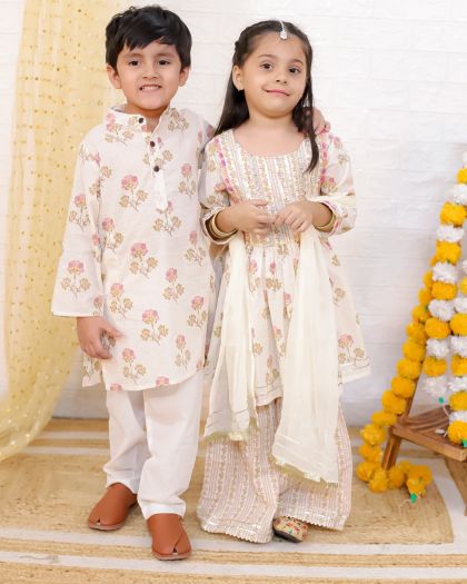 Royal Floral Printed Peplum Kurta sharara with chiffon duppata and matching Boys Kurta pajama- beige