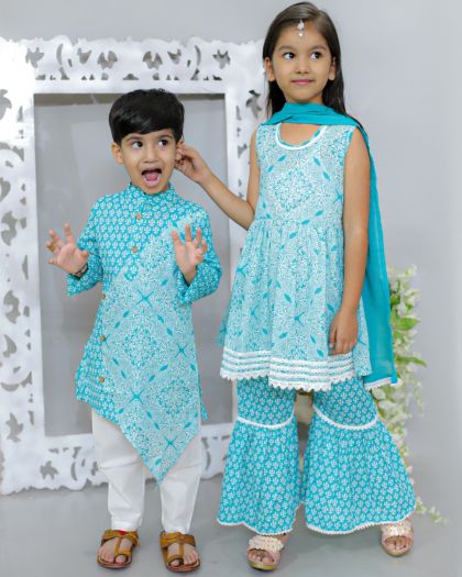 Sibling-Girls Sleevless Kurta sharara duppata and matching boys kurta pajama