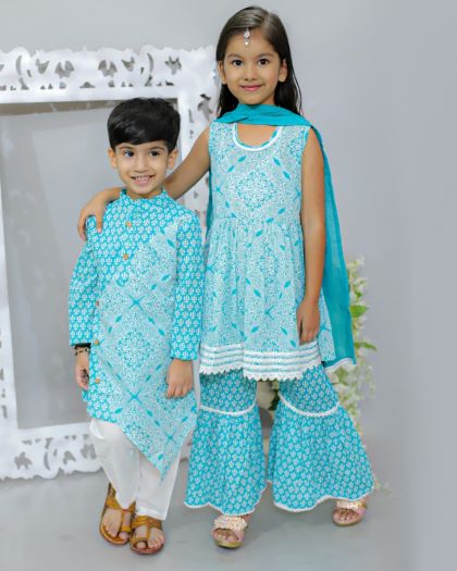 Sibling-Girls Sleevless Kurta sharara duppata and matching boys kurta pajama