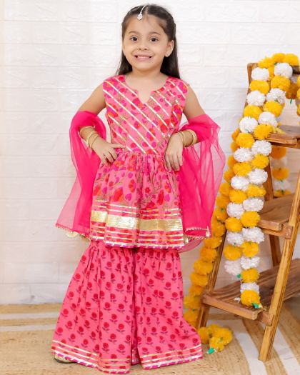 Pure cotton sleevless heavy gota detailing Printed Peplum kurta sharara duppata and matching boys kurta pajama- Pink