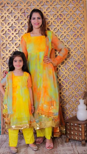 Mom-Daughter Rich and Royal Chiffon Kurta with rayon bottom and chiffon duppata