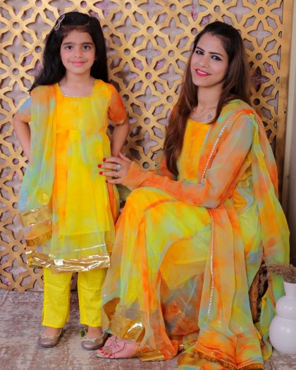 Mom-Daughter Rich and Royal Chiffon Kurta with rayon bottom and chiffon duppata