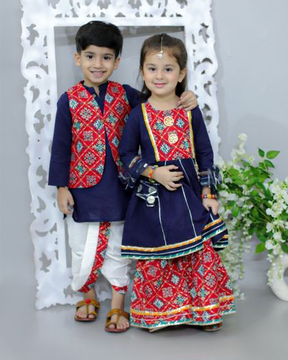 Sibling-Girl peplum kurta shara duppata and Boys Kurta waistcoat n dhoti set