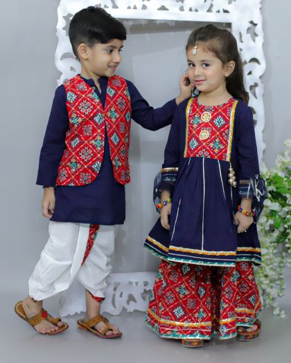 Sibling-Girl peplum kurta shara duppata and Boys Kurta waistcoat n dhoti set