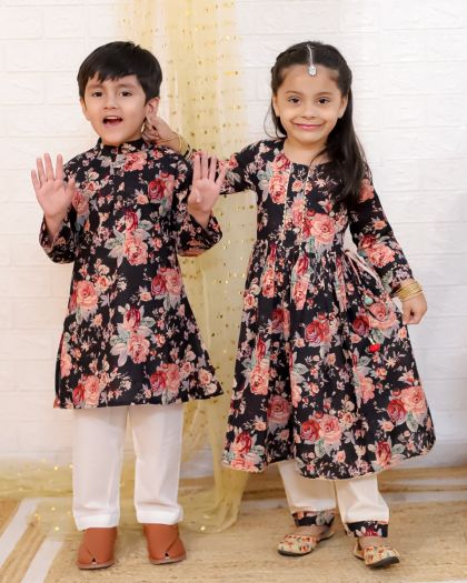 Premium Quality Heavy Flared Black Anarkali suit with cotton pant and Boys Twinning Kurt's pajama-Black