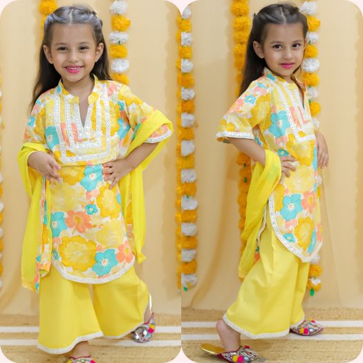 Pure Cotton Floral Printed Rich Looking Kurta with plazo n duppata-yellow