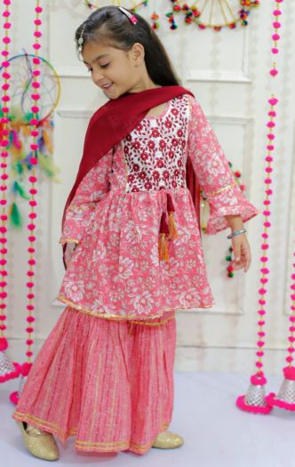 Girls Embroidery Floral printed kurta sharara with duppata