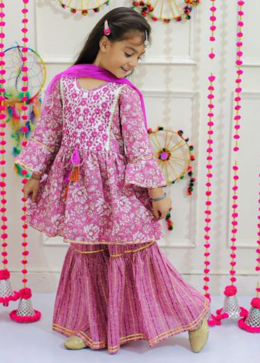 Girls Embroidery Floral printed kurta sharara with duppata