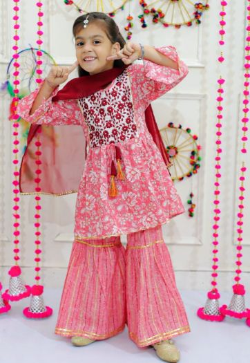 Girls Embroidery Floral printed kurta sharara with duppata