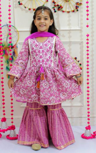 Girls Embroidery Floral printed kurta sharara with duppata