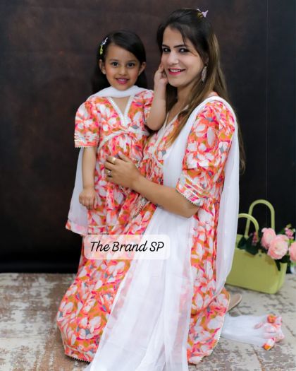 MOM-Daughter Pure Cotton Printed Alia Cut style Kurta sharara with duppata set