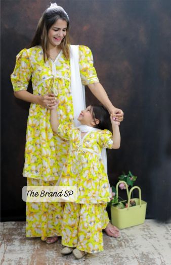 MOM-Daughter Pure Cotton Printed Alia Cut style Kurta sharara with duppata set