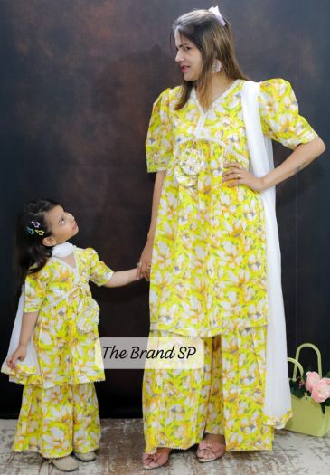 MOM-Daughter Pure Cotton Printed Alia Cut style Kurta sharara with duppata set