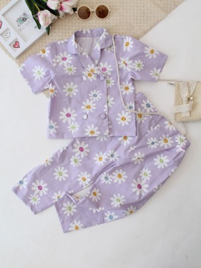 Pure cotton Floral 2piece cord set-purple