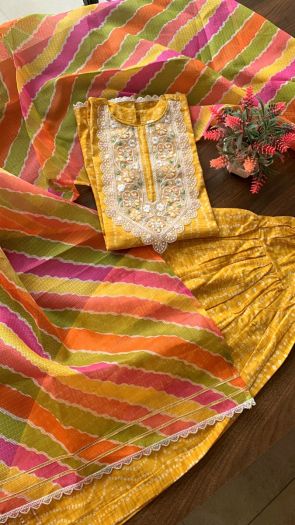 Premium Rich Looking Bandini Heavy Embroidery Kurta patiyala bottom with Kota doria duppata set 