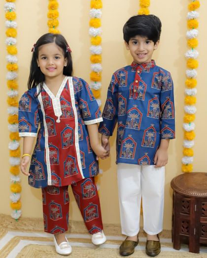 Pure Cotton Ajrak Printed Twinning set Gurls Kurta pant with boys Kurta pajama set