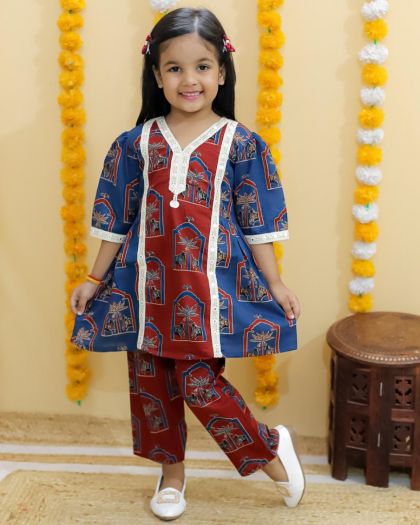 Pure Cotton Ajrak Printed Twinning set Gurls Kurta pant with boys Kurta pajama set