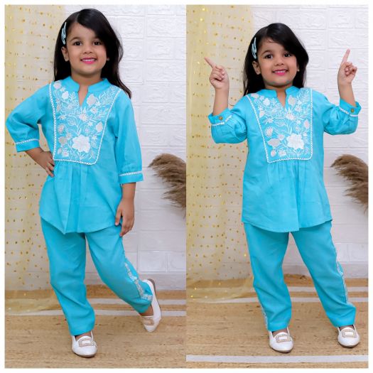 Pure cotton slub Embroidery 2piece cord set(top & bottom)- blue