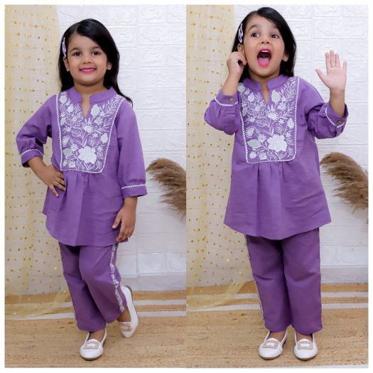 Pure cotton slub Embroidery 2piece cord set(top & bottom)- purple