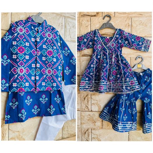 Pure cotton Girls Peplum Kurta sharara and Twinning Boys Kurta Pajama with waistcoat - BLUE